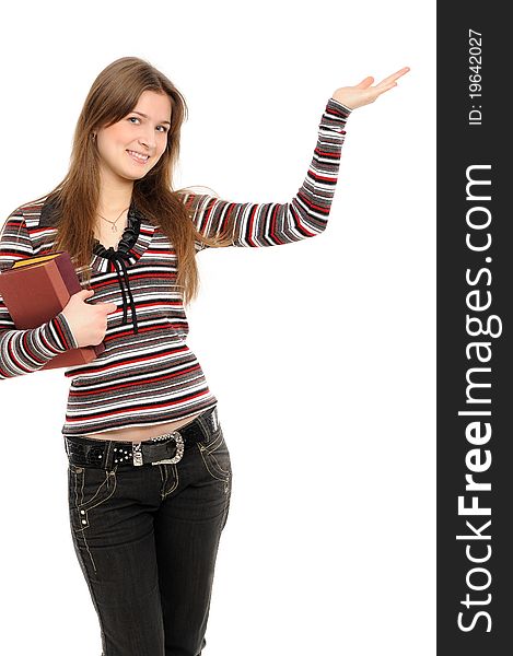 Woman holding hand presenting a product. On a white background