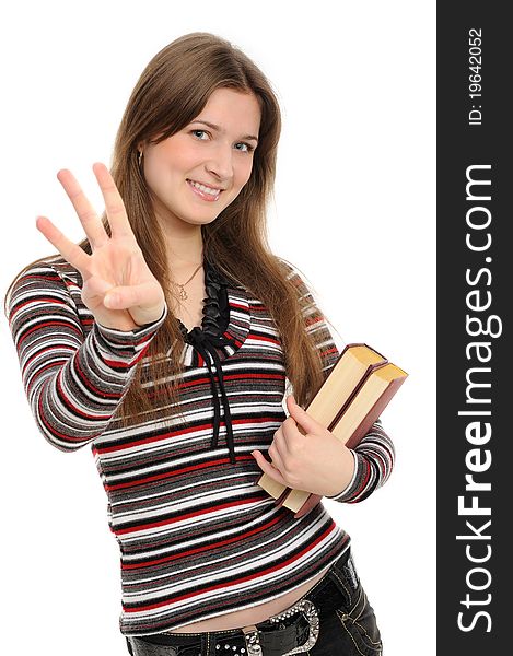 Girl with books pointing at you with both hands. Girl with books pointing at you with both hands