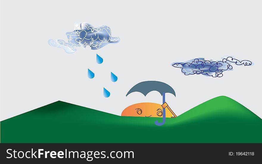 Illustration of sun holding an umbrella on a rainy day. Illustration of sun holding an umbrella on a rainy day