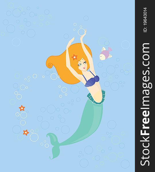 Yellow haired mermaid playing with fish and bubbles. Yellow haired mermaid playing with fish and bubbles