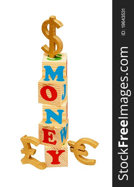 Alphabet wood blocks forming the word Money isolated on a white background. Alphabet wood blocks forming the word Money isolated on a white background