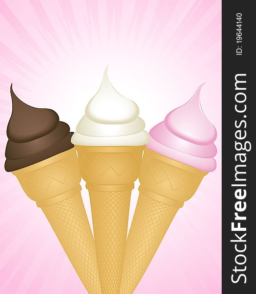 Ice cream cones filled with vanilla, chocolate and strawberry ice cream on a pink background. Ice cream cones filled with vanilla, chocolate and strawberry ice cream on a pink background