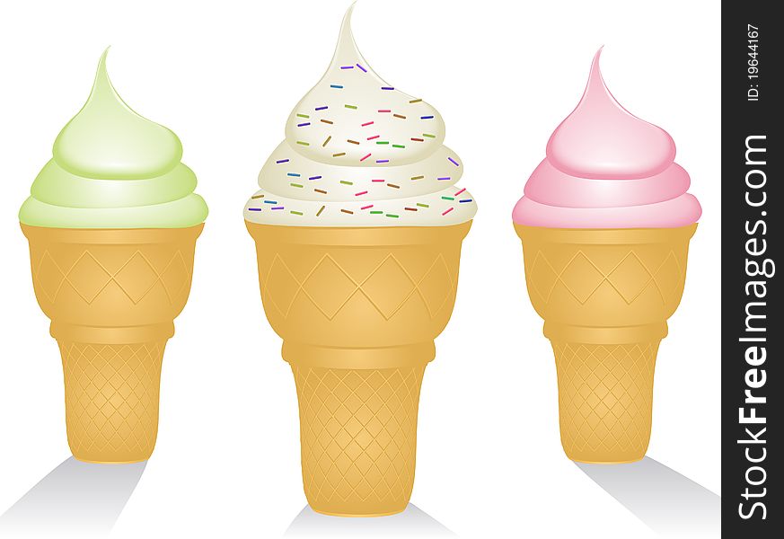 Ice cream cones with vanilla, mint and strawbery ice cream. Ice cream cones with vanilla, mint and strawbery ice cream