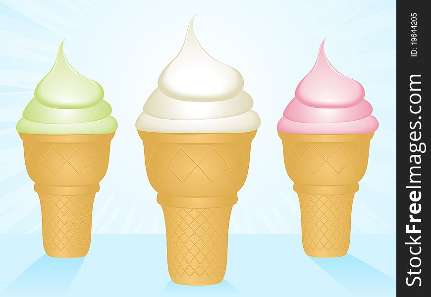 Vanilla, mint and strawberry ice creams on a blue background