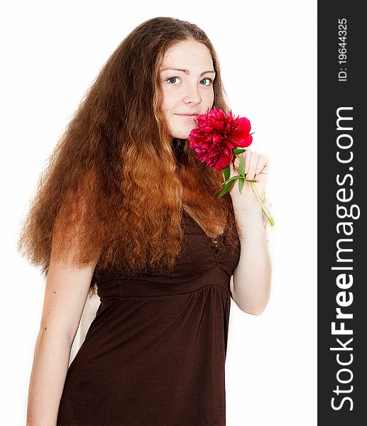 Beautiful girl with a pion in the hands isolated on white background. Beautiful girl with a pion in the hands isolated on white background