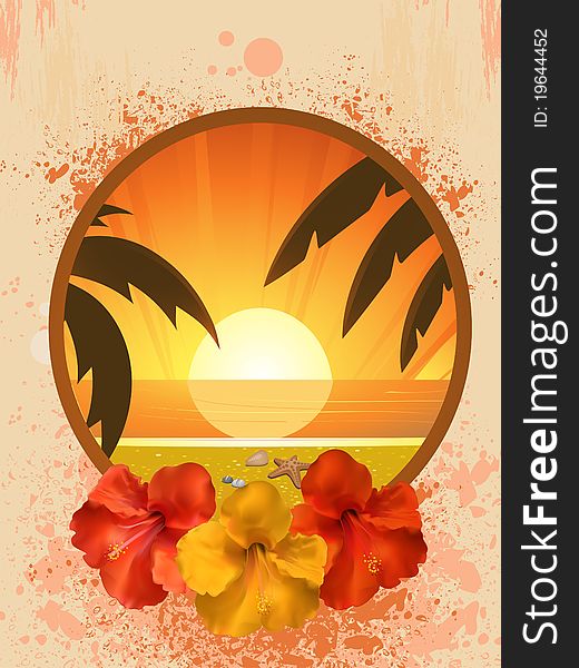 Hibiscus flowers on a border with tropical beach scene on a grunge background. Hibiscus flowers on a border with tropical beach scene on a grunge background