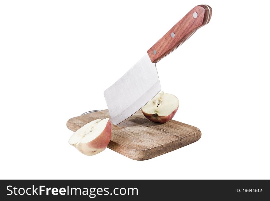 Half apples on desk with blade on white background