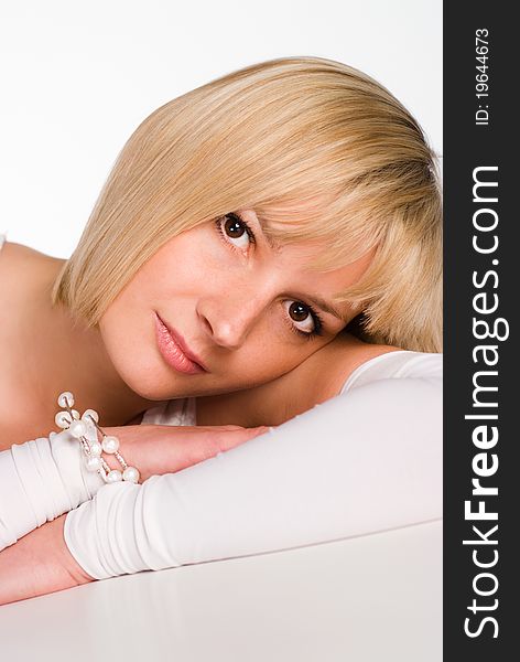 Portrait of a wonderful girl on a white background. Portrait of a wonderful girl on a white background