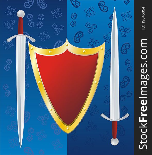 Couple swords and reds shield on blue pattern background