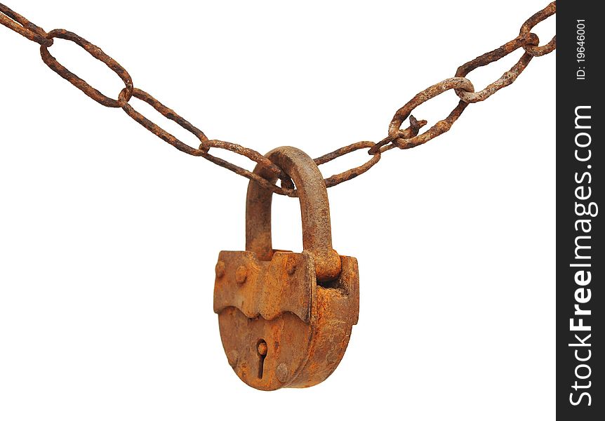 Vintage padlock on very old chain isolated against a white background