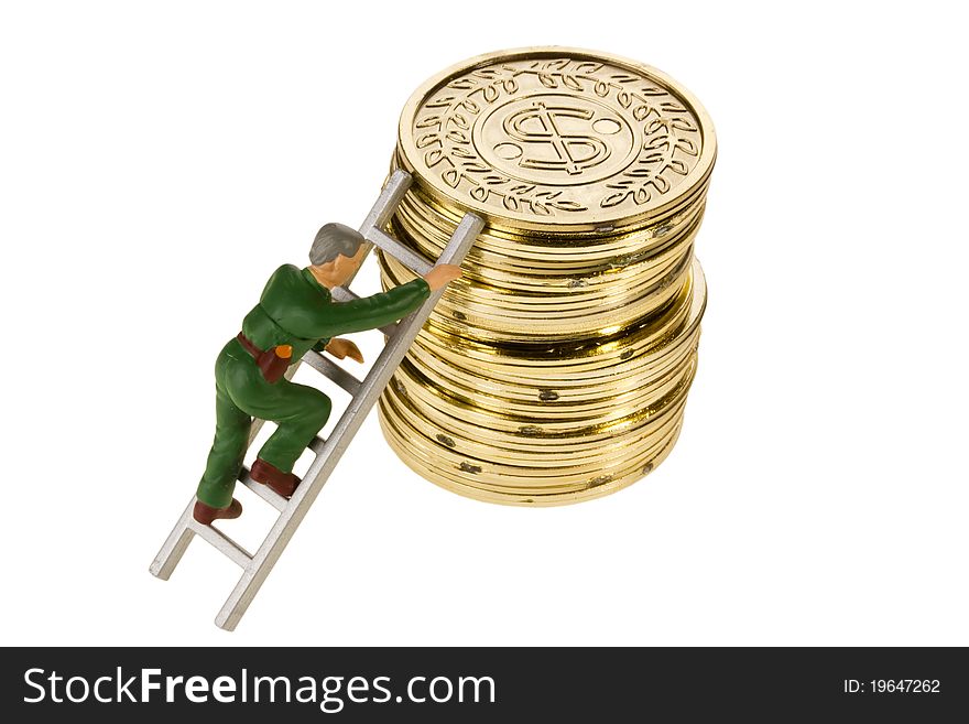 Toy man climbing a stack of golden coins on a white background. Toy man climbing a stack of golden coins on a white background.