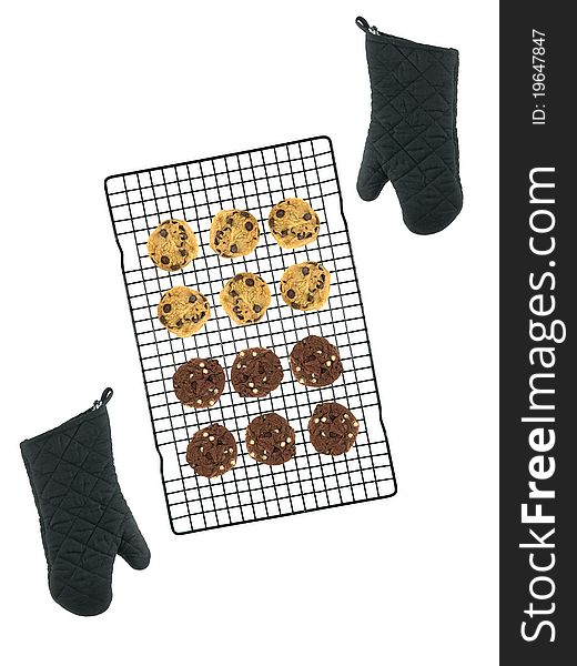 Choc chip cookies on a colling tray isolated against a white background