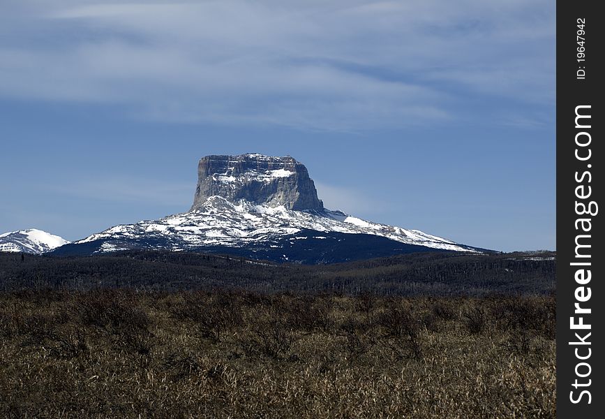 Chief Mountain with brush in foreground. Taken at Police Outpost Lake, on the US and Canadian border.