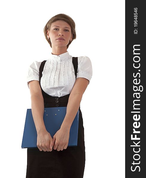 Portrait of the girl of the secretary with a folder for papers on a white background. Portrait of the girl of the secretary with a folder for papers on a white background