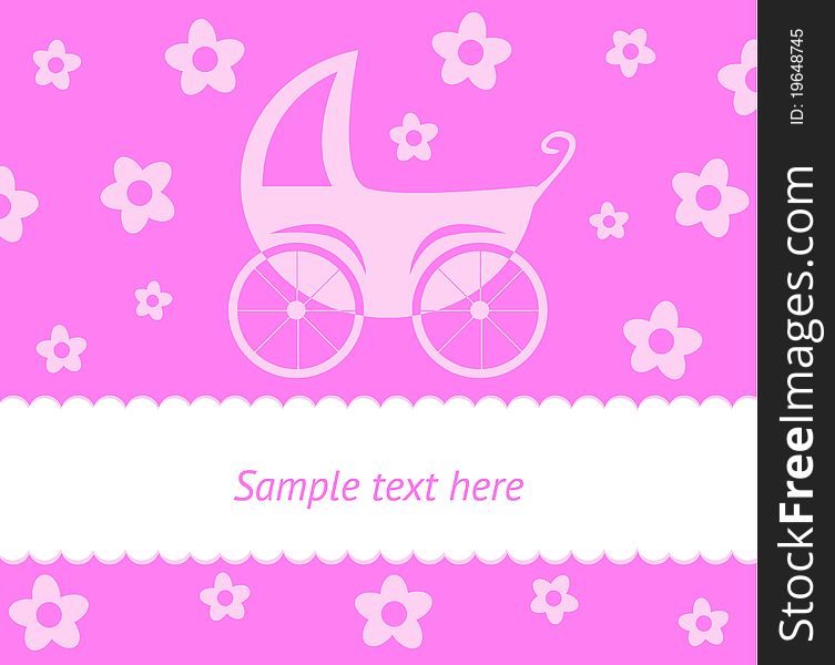 Baby card with stroller and flowers and place for text