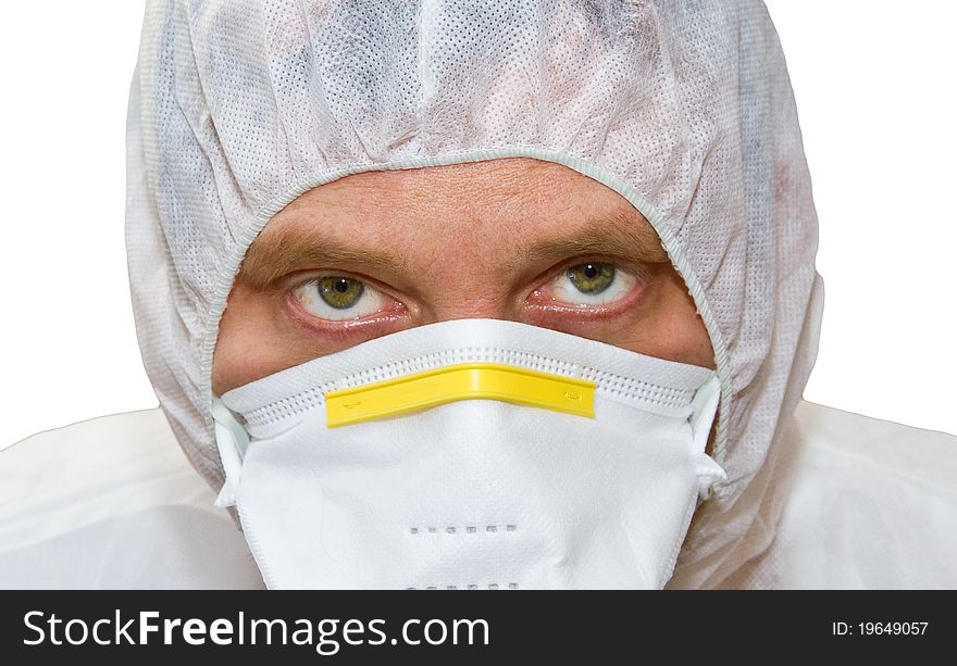 Man in protective suit and filter mask isolated
