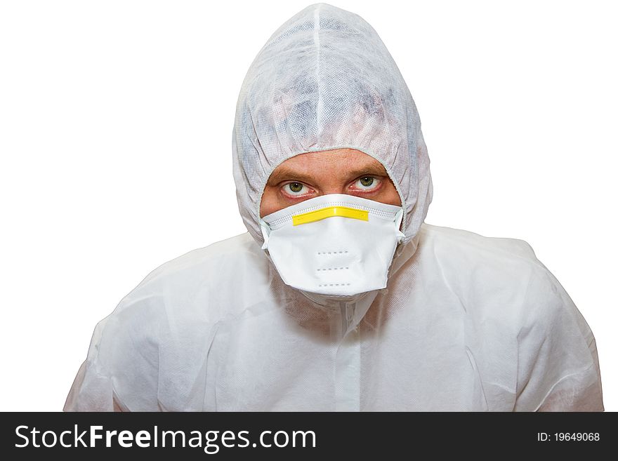 Man in protective suit and filter mask isolated