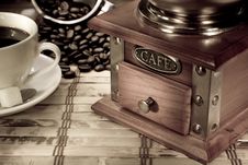 Cup Of Coffee, Pot And Grinder On Vintage Stock Image Cup Of Coffee, Pot And Grinder On Vintage Stock Image