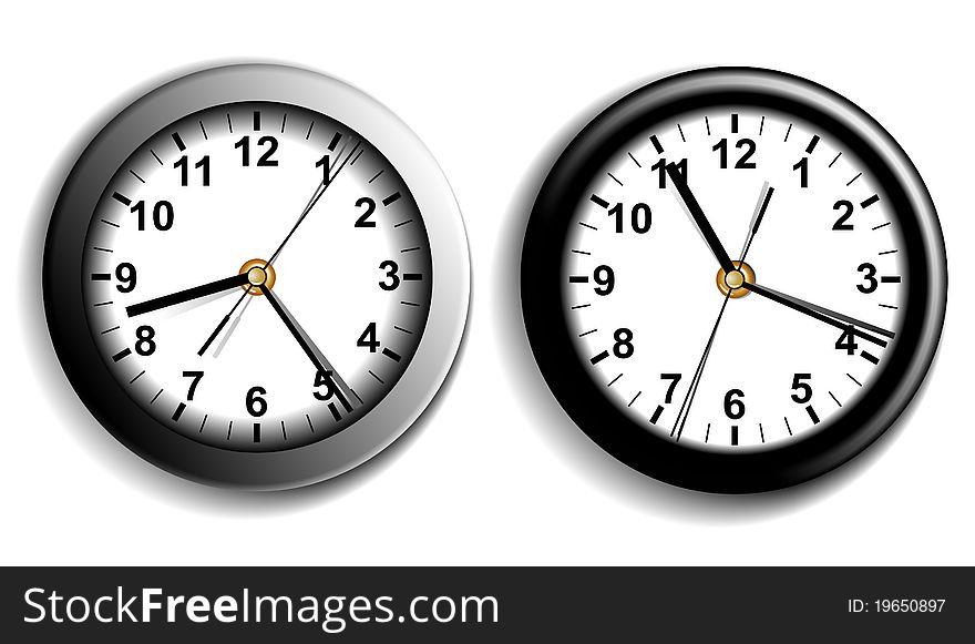 Two traditional simple wall clocks. Two traditional simple wall clocks