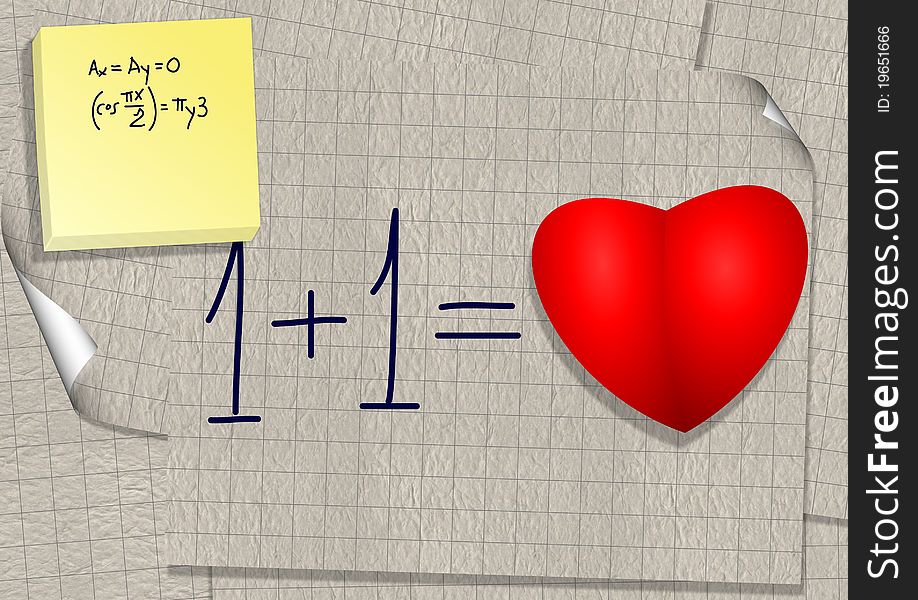 A simple mathematical calculation written on a piece of paper, as one plus one equal love. A simple mathematical calculation written on a piece of paper, as one plus one equal love