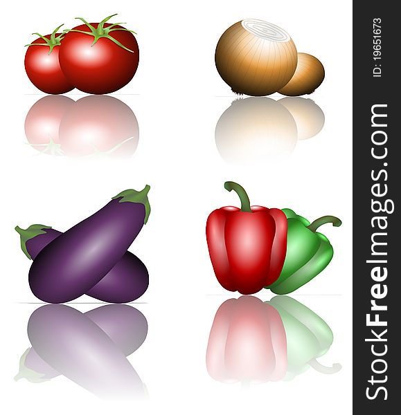 A collection of different kinds of vegetables with their reflection on a white background. A collection of different kinds of vegetables with their reflection on a white background