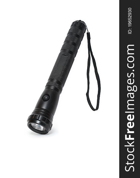 Modern black pocket electric torch on white background. Clipping path is included. Modern black pocket electric torch on white background. Clipping path is included