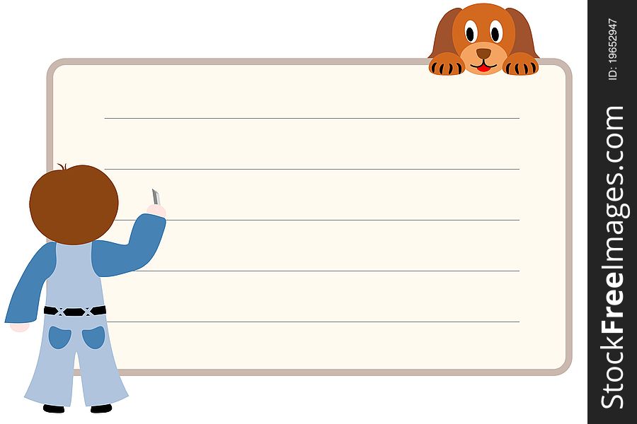 Writing boy and cute puppy - illustration. Writing boy and cute puppy - illustration
