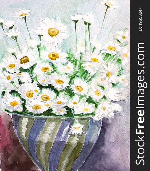White daisy bunch watercolors in vase. White daisy bunch watercolors in vase