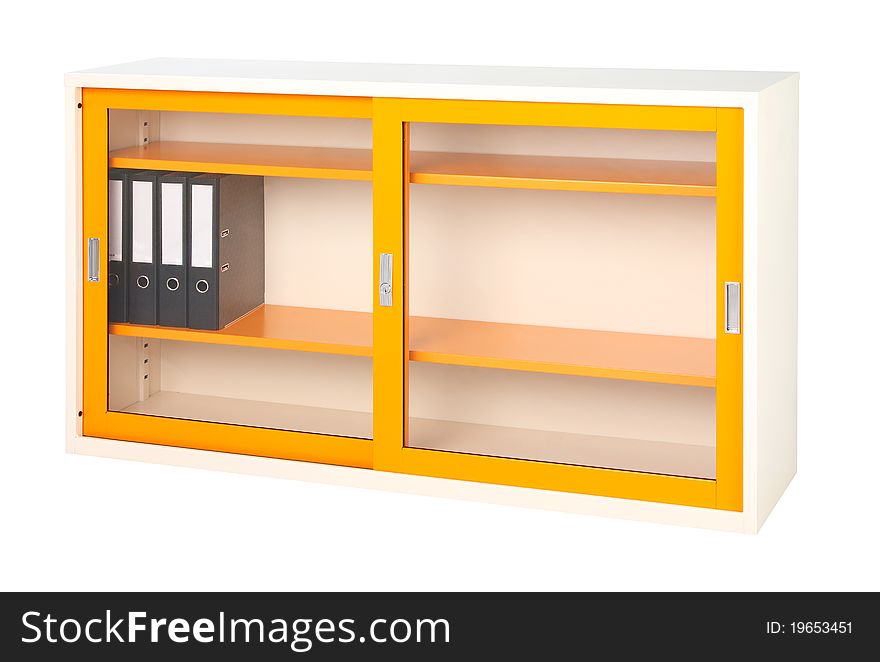 Orange steel cabinet furniture for keeping your archives or documents, the image isolated on white. Orange steel cabinet furniture for keeping your archives or documents, the image isolated on white