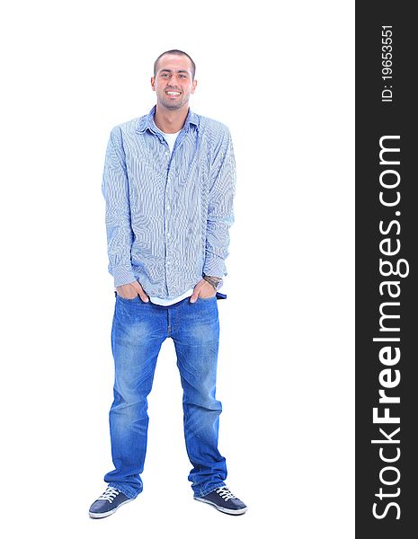 Portrait of happy young man, looking at camera, smiling. Isolated on white.