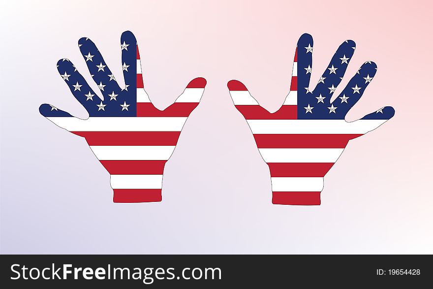 The American flags on hands. The American flags on hands