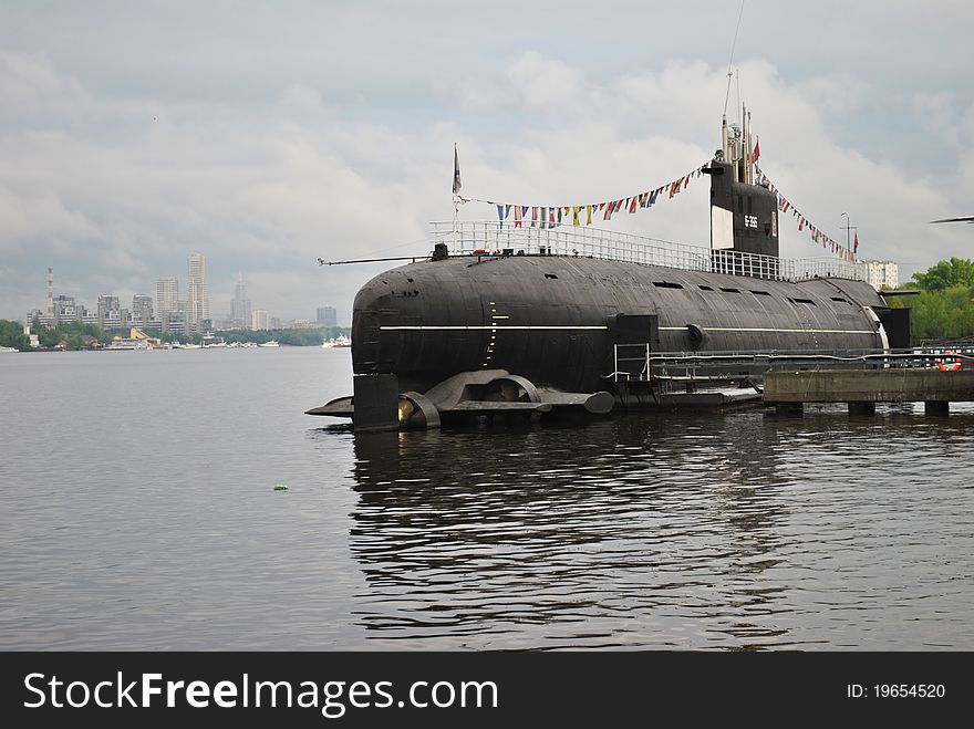 Old russian military submarine in the river. Old russian military submarine in the river