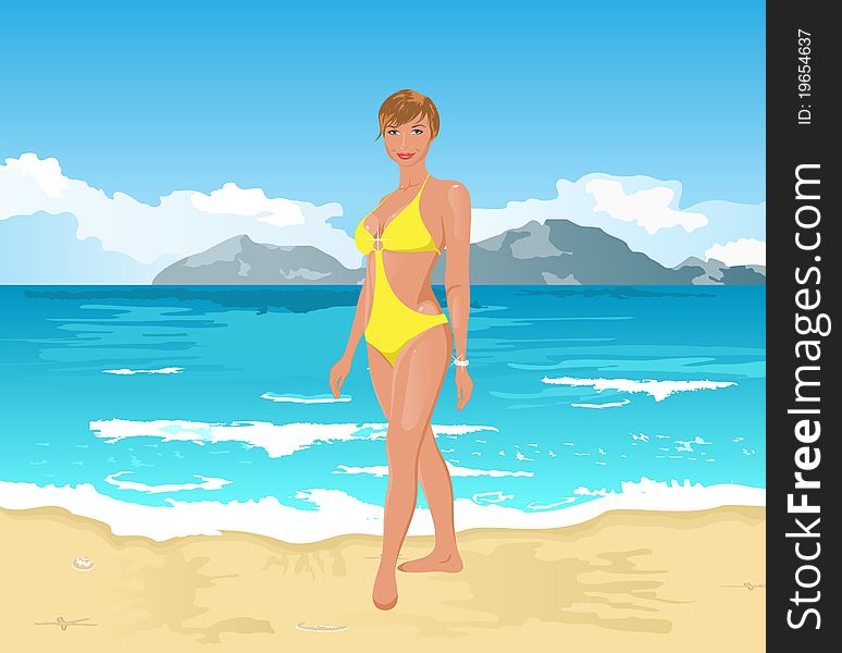 Illustration pretty girl on summer background - vector