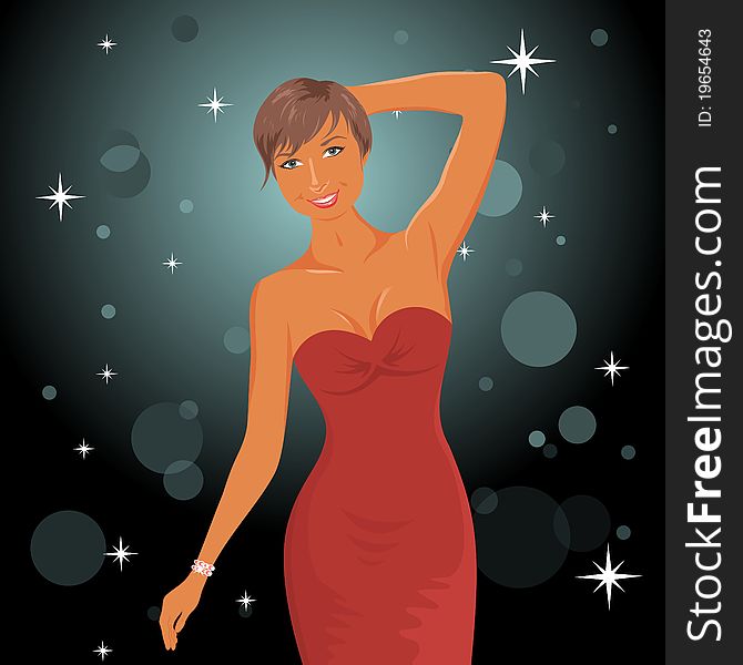 Illustration cute dancing girl in red dress - vector