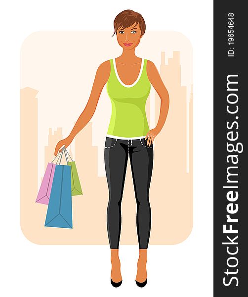 Illustration girl with purchases goes around city - vector