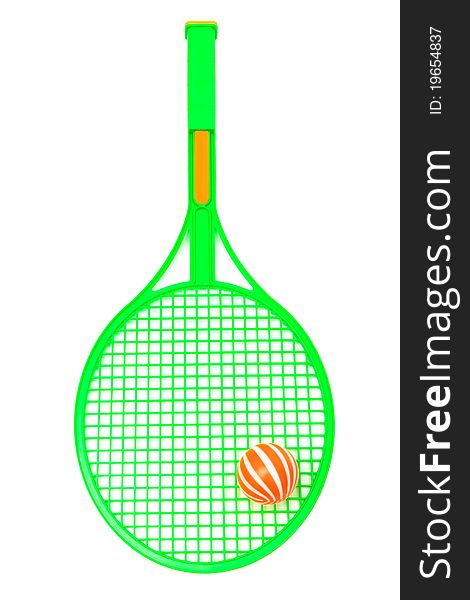 Green racket and ball on a white background