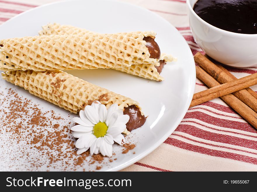 Piece of cake with chokolate on white plate