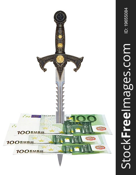 A hundred euros banknotes stuck with sword. A hundred euros banknotes stuck with sword