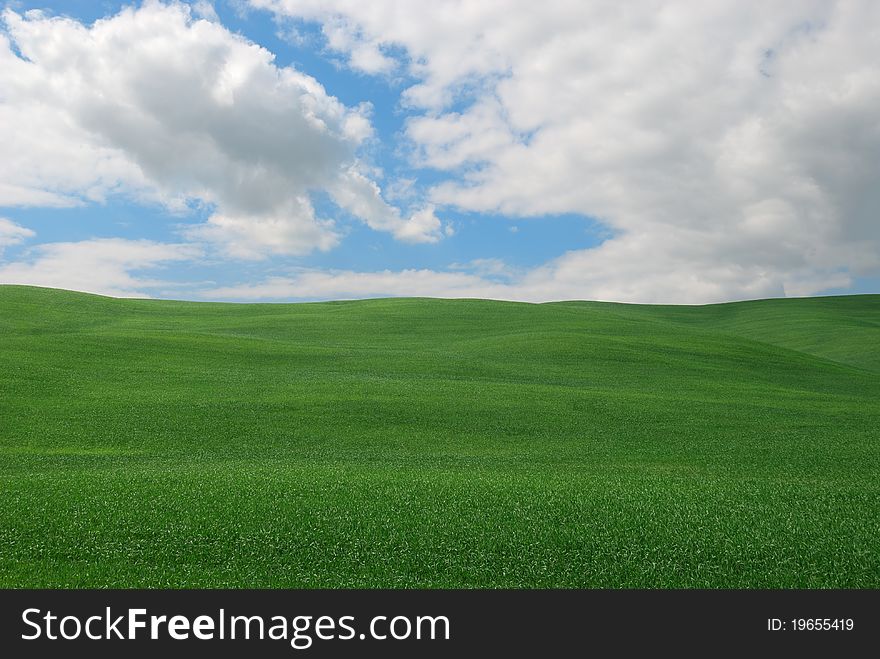 View of a green hill with cloudy sky in Tuscany. View of a green hill with cloudy sky in Tuscany