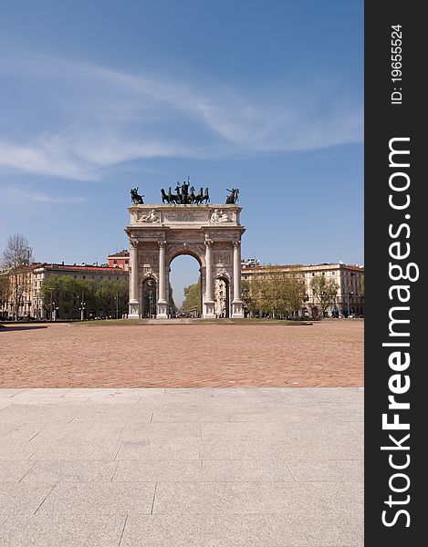 Arco della Pace in Piazza Sempione (Arch of Peace in Simplon Square). It is a neoclassical triumph arch, 25 m high and 24 m wide, built between 1807 and 1838. The gate was the scene of several prominent events in the Milanese history of the 19th century. Arco della Pace in Piazza Sempione (Arch of Peace in Simplon Square). It is a neoclassical triumph arch, 25 m high and 24 m wide, built between 1807 and 1838. The gate was the scene of several prominent events in the Milanese history of the 19th century