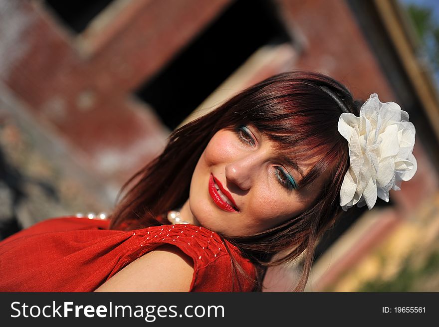 Portrait with beautiful young woman with red dress , stylised vintage. Portrait with beautiful young woman with red dress , stylised vintage