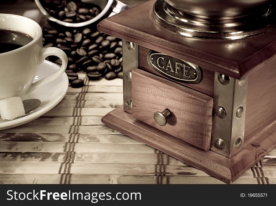 Cup Of Coffee, Pot And Grinder On Vintage