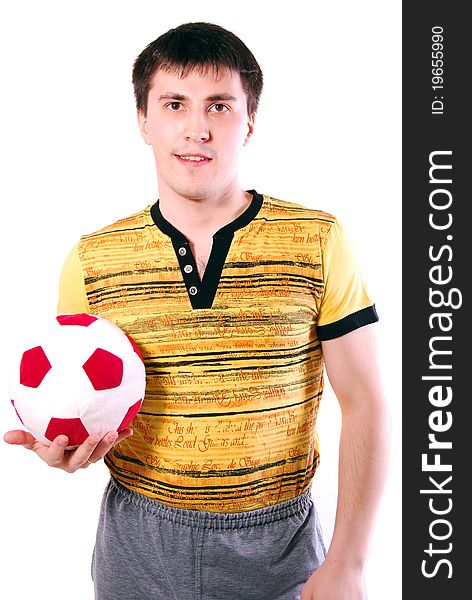 Portrait of a happy young male holding a soccer ball over white background. Portrait of a happy young male holding a soccer ball over white background