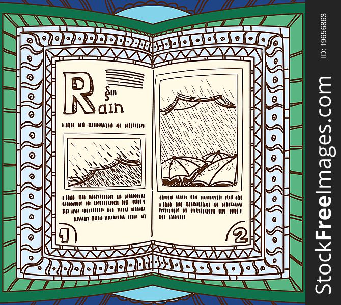 Ornamented magic book with page of rain. Ornamented magic book with page of rain