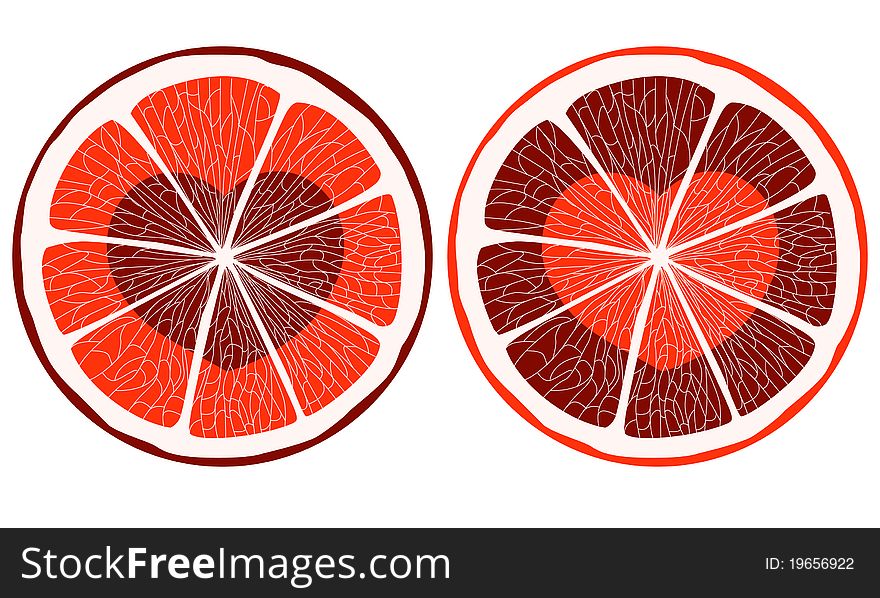 Red hearts inside citrus slice.