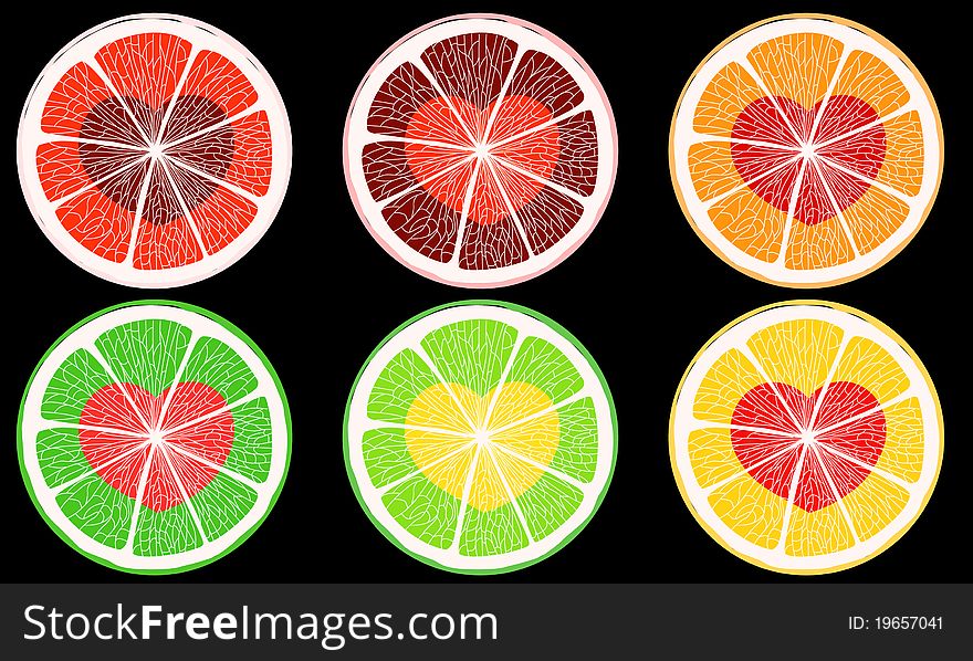 Six colorful citrus hearts slice