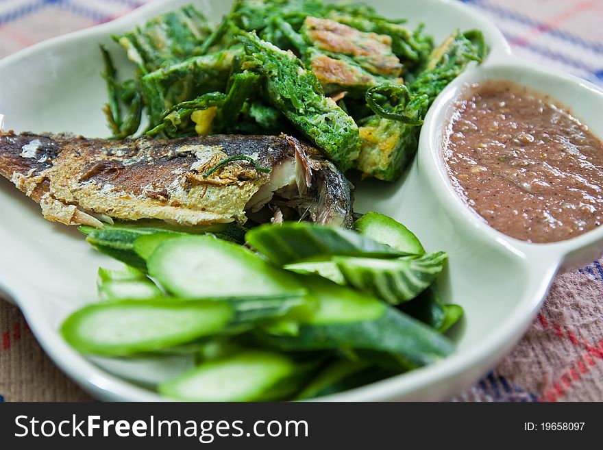 Fried Mackerel Fish,chili Sauce ,and Fried Vegetab