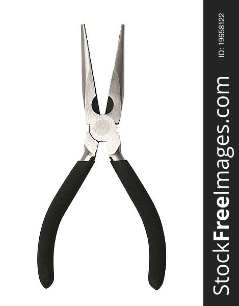 Long nose pliers from above isolated against a white background