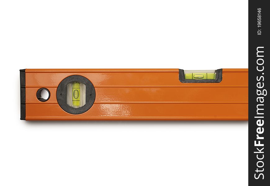 Orange spirit level cropped on rightside isolated against a white background with a small shadow