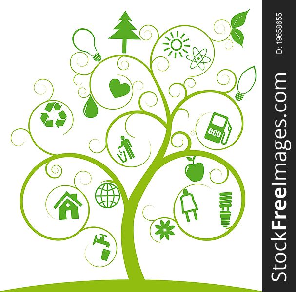 Illustration of spiral tree with ecology symbols. Illustration of spiral tree with ecology symbols